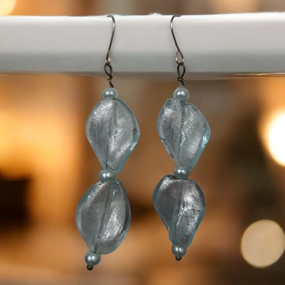 Handmade Jewelry - HAND CRAFTED Blue Lampwork Glass Foil Pierced Earrings with Faux Pearls